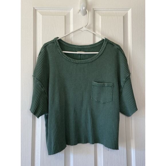 Pilcro Urban Outfitters Green Waffle Raw Hem Oversized Pocket Tee Shirt Small - Picture 1 of 7
